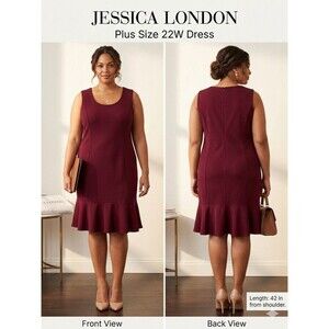 Jessica London 22W Plus Size Burgundy Ponte Sheath Dress Flounce Hem Corporate